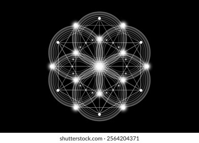 Seed Flower of life lotus icon, logo mandala sacred geometry, symbol of harmony and balance. Mystical talisman, white circles lines vector isolated on black background