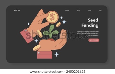 Seed Funding concept. Hands nurture a seedling with coins, illustrating early-stage startup investment and growth. Vector illustration.