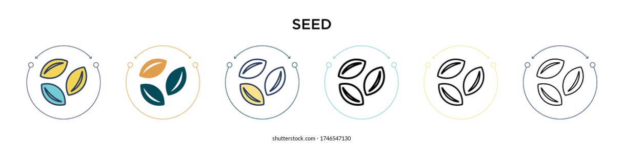 Icono de semilla en estilo relleno, delgado, contorno y trazo. Ilustración vectorial de dos diseños de vectores de semillas de color y negro se pueden utilizar para móviles, ui, web