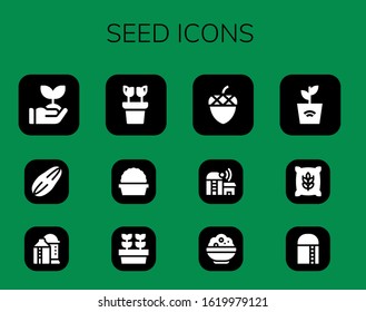 seed icon set. 12 filled seed icons. Included Sprout, Seed, Silo, Plant, Plants, Acorn, Farm, Rice, Wheat, Harvest icons