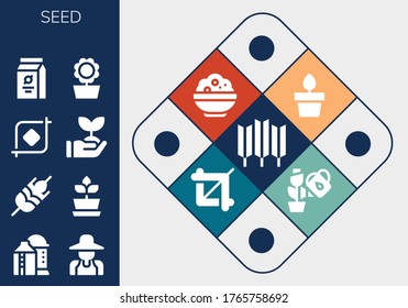 seed icon set. 13 filled seed icons. Included Wheat, Silo, Gardener, Plant, Crop, Sprout, Beans, Sunflower, Plants, Rice icons
