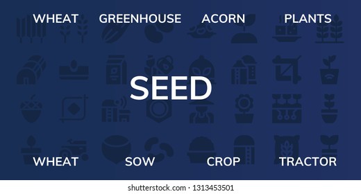 seed icon set. 32 filled seed icons. on blue background style Collection Of - Wheat, Greenhouse, Acorn, Plants, Sow, Crop, Tractor, Seed, Beans, Farm, Hazelnut, Jelly beans, Plant