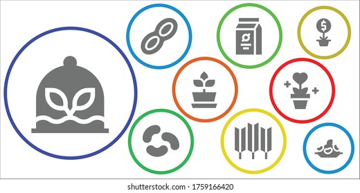 seed icon set. 9 filled seed icons.  Simple modern icons such as: Plant, Peanut, Beans, Jelly beans, Wheat, Rice