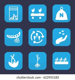 Seed icon. set of 9 filled seed icons such as harvest, sack, peas, hand with seeds, sprout plants, sprout, seed bag