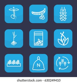 Seed icon. set of 9 outline seed icons such as wheat, harvest, sack, peas, sprout plants, sprout, seed bag