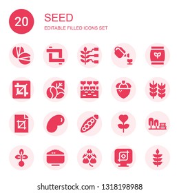 seed icon set. Collection of 20 filled seed icons included Pistachio, Crop, Wheat, Gardening, Fertilizer, Coffee beans, Farm, Acorn, Jelly beans, Peas, Garden, Seed, Rice, Hop