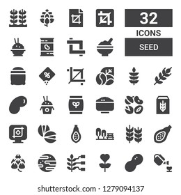 seed icon set. Collection of 32 filled seed icons included Gardening, Peanut, Garden, Wheat, Jawbreaker, Hop, Papaya, Pistachio, Crop, Cereal, Nuts, Rice, Fertilizer, Jelly beans
