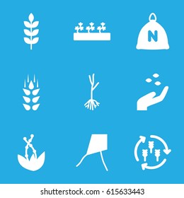 Seed icons set. set of 9 seed filled icons such as wheat, harvest, sack, hand with seeds, sprout plants, sprout, plant