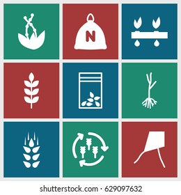 Seed icons set. set of 9 seed filled icons such as wheat, harvest, sack, sprout, seed bag, plant