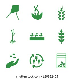 Seed icons set. set of 9 seed filled icons such as wheat, harvest, hand with seeds, sprout plants, sprout, seed bag, plant