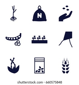 Seed icons set. set of 9 seed filled icons such as wheat, sack, peas, hand with seeds, sprout plants, sprout, seed bag, plant