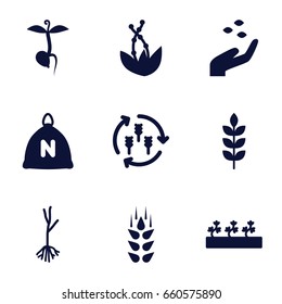 Seed icons set. set of 9 seed filled icons such as wheat, harvest, sack, hand with seeds, sprout plants, sprout