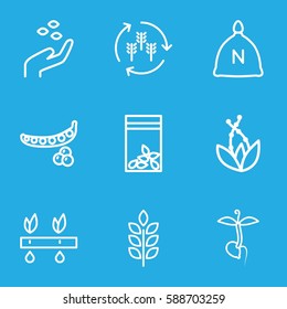 seed icons set. Set of 9 seed outline icons such as wheat, harvest, sack, peas, hand with seeds, seed bag, sprout
