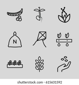 Seed icons set. set of 9 seed outline icons such as wheat, sack, peas, hand with seeds, sprout plants, sprout, plant