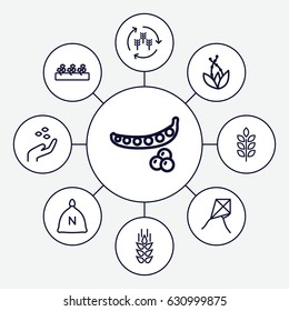 Seed icons set. set of 9 seed outline icons such as wheat, harvest, sack, peas, hand with seeds, sprout plants, plant