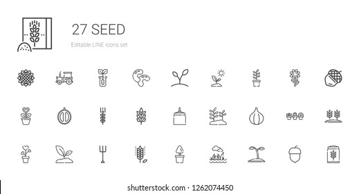 seed icons set. Collection of seed with lawn, plant, wheat, garden, sprout, fig, oat, chestnut, hazelnut, acorn, sunflower, beans, tractor, wheat flour. Editable and scalable seed icons.