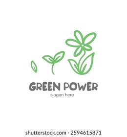 Seed Leaf Flower Logo Vector Ecology. Green Power. Sign Linear Icon Eco. Flat Symbol Hand Drawing Grain Sheet Blossom. Doodle Cartoon Style. Logotype Growth Concept. Illustration Isolated Background.