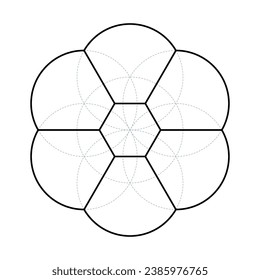 Seed of Life 3D view. An ancient geometric figure, spiritual symbol and Sacred Geometry. Derived from seven overlapping circles forming a flower like pattern, and the preform of the Flower of Life.