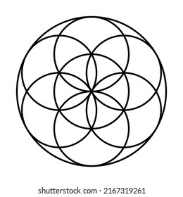 Seed of Life with protective coat. Ancient geometric figure, spiritual symbol and Sacred Geometry. Overlapping circles forming a flower like pattern, preform of the Flower of Life. Black and white.