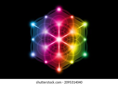 Saatgut des Lebens, Heilige Geometrie, Blume des Lebens, Metatronen Cube bunte Farbverlauf-Licht-Logo Symbol der Harmonie und Balance, leuchtendes geometrisches Ornament, Vektorgrafik einzeln auf schwarzem Hintergrund