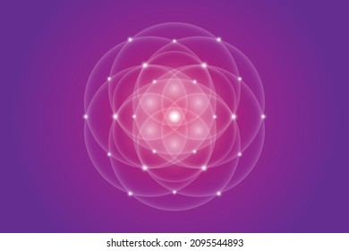 Seed of life, Sacred Geometry, Flower of Life, light logo Symbol of Harmony and Balance, Glowing Geometrical Ornament, white lotus vector isolated on purple background