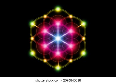 Seed of life, Sacred Geometry, Flower of Life, Metatrons Cube colorful gradient light logo Symbol of Harmony and Balance, Glowing Geometrical Ornament, vector isolated on black background