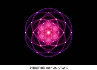 Seed of life, Sacred Geometry, Flower of Life, light logo Symbol of Harmony and Balance, Glowing Geometrical Ornament, purple lotus vector isolated on black background