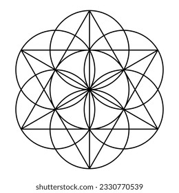 Seed of Life, seven overlapping circles, form the basic shape to create a hexagram (sexagram), an ancient geometric figure and Sacred Geometry, used as Star of David, or in the Heart Chakra symbol.