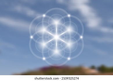 Seed of life, Spiritual Sacred Geometry, Flower of Life, lotus light logo Symbol of Harmony and Balance, Glowing Geometrical Ornament, yoga, relax, vector isolated on blurred natural sky background