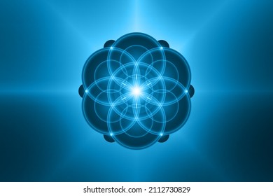 Semilla de vida, Geometría espiritual sagrada, Flor de vida, logotipo de luz de neón loto Símbolo de armonía y equilibrio, ornamento geométrico brillante, yoga, relajación, vector aislado en fondo azul