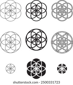 Seed of life symbol made from seven circles overlapping. Variations include thin and thick stroke, outline and solid shape. Spiritual symbol of creation and beginnings isolated vector.