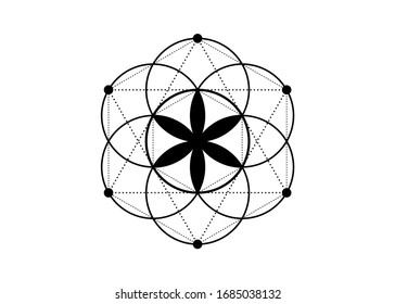 Seed of life symbol Sacred Geometry. Logo icon  Geometric mystic mandala of alchemy esoteric Flower of Life. Vector black tattoo divine meditative amulet isolated on white background