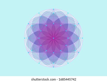 Seed of life symbol Sacred Geometry.  Geometric mystic mandala of alchemy esoteric colorful Flower of Life. Vector watercolor style, divine meditative amulet isolated on light blue background