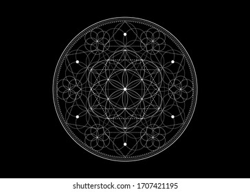 Seed of life symbol Sacred Geometry.  Geometric mystic mandala of alchemy esoteric Flower of Life. Vector black and white divine meditative amulet isolated on black background