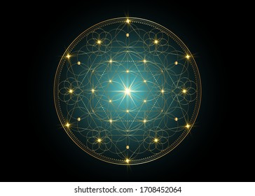 Seed of life symbol Sacred Geometry. Geometric mystic mandala of alchemy esoteric Flower of Life. Gold luxury design, vector divine meditative Tibetan amulet isolated on black background