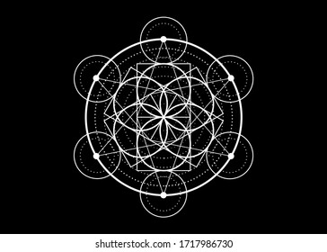 Seed of life symbol Sacred Geometry.  Geometric mystic mandala of alchemy esoteric Flower of Life. Vector white divine meditative amulet isolated on black background