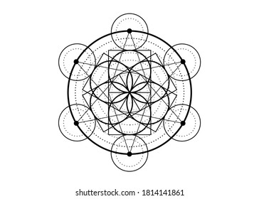 Seed of life symbol Sacred Geometry tattoo.  Geometric mystic mandala of alchemy esoteric Flower of Life. Black vector divine meditative amulet isolated on white background
