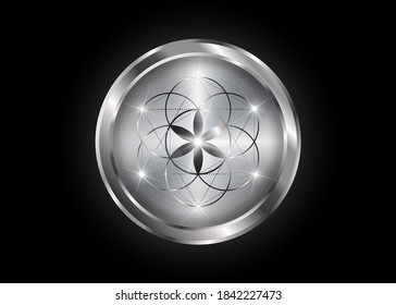 Símbolo de semilla de vida Geometría sagrada. Icono del logotipo Silver Luxury Mandala mística geométrica del signo de la flor esotérica de la alquimia de la vida, vector de amuleto meditativo de plata metálica brillante aislado en negro