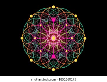 Seed of life symbol Sacred Geometry. Logo icon  Geometric mystic colorful mandala of alchemy esoteric Flower of Life. Holy sign Vector divine Tibetan meditative amulet isolated on black background 