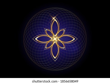 Seed of life symbol Sacred Geometry. Geometric mystic mandala of alchemy esoteric Flower of Life. Gold luxury design overlapping circles, vector blue meditative amulet isolated on black background