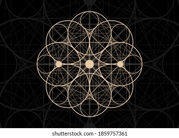 Seed of life symbol Sacred Geometry. Logo icon Geometric mystic mandala of alchemy esoteric Flower of Life. Holy trinity sign Vector vintage divine meditative amulet isolated on black background