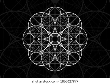 Seed of life symbol Sacred Geometry. Logo icon  Geometric mystic mandala of alchemy esoteric Flower of Life. Holy trinity sign Vector black tattoo divine meditative amulet isolated on black background