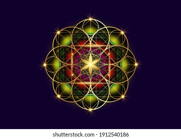 Seed of life symbol Sacred Geometry.  Geometric mystic colorful mandala of alchemy esoteric Flower of Life. Gold luxury design, vector divine meditative amulet isolated on blue background