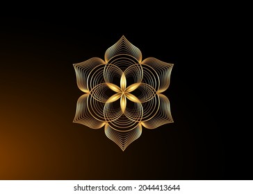 Símbolo de semilla de vida Geometría sagrada. Icono del logotipo de oro Mandala mística geométrica de la flor esotérica de la vida de alquimia. Círculos de oro entrelazados, amuleto meditativo vectorial aislado en fondo negro