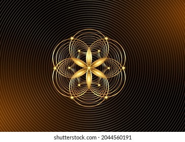 Símbolo de semilla de vida Geometría sagrada. Icono del logotipo de oro Mandala mística geométrica de la flor esotérica de la vida de alquimia. Círculos de oro entrelazados, amuleto meditativo vectorial de loto aislado sobre fondo dorado