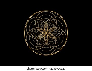 Seed of life symbol Sacred Geometry. Gold Logo icon  Geometric mystic mandala of alchemy esoteric Flower of Life. Interlaced gold circles, vector divine meditative amulet isolated on black background