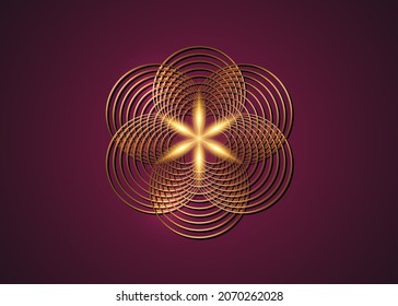 Seed of life symbol Sacred Geometry. Gold Logo icon  Geometric mystic mandala of alchemy esoteric Flower of Life. Interlaced gold circles, vector divine meditative amulet isolated on purple background