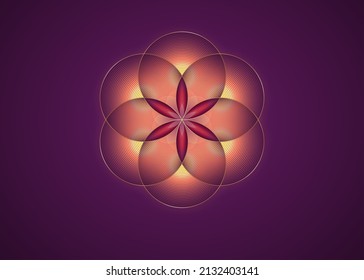 Seed of life symbol Sacred Geometry. Gold Logo icon  Geometric mystic mandala of alchemy esoteric red Flower of Life. Interlaced circles, vector divine meditative amulet isolated on purple background