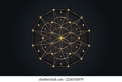 Seed of life symbol Sacred Geometry.  Geometric mystic mandala of alchemy esoteric Flower of Life. Gold luxury design, vector divine meditative amulet isolated on black background