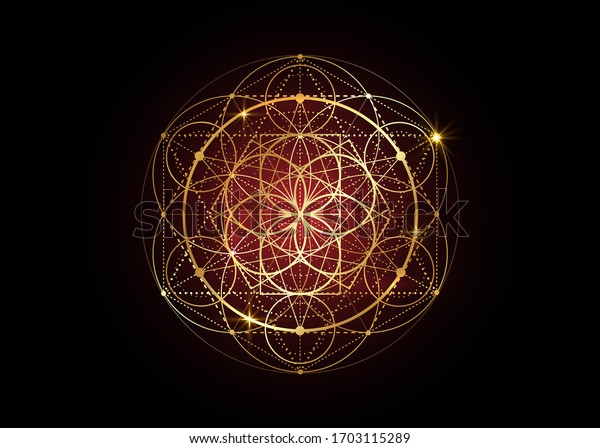 Seed of\
life symbol Sacred Geometry.  Geometric mystic mandala of alchemy\
esoteric Flower of Life. Gold luxury design, vector divine\
meditative amulet isolated on black\
background